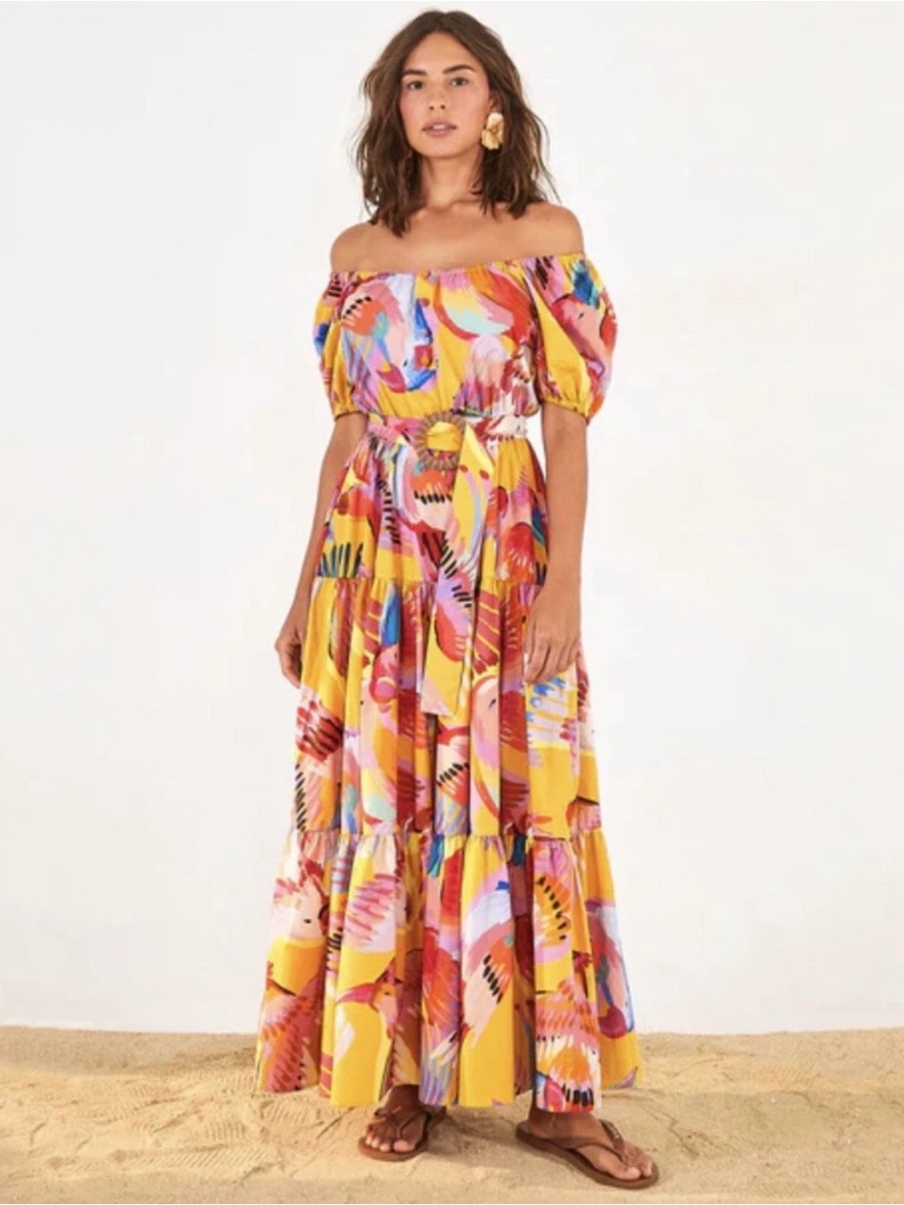 NEW FARM RIO Anthropologie Neon Macaws Puff Sleeve Maxi Dress
